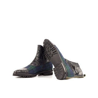 Ambrogio Bespoke Custom Men's Shoes Black, Blue & Green Fabric / Crocodile Print / Calf-Skin Leather Buckle Boots (AMB1992)-AmbrogioShoes