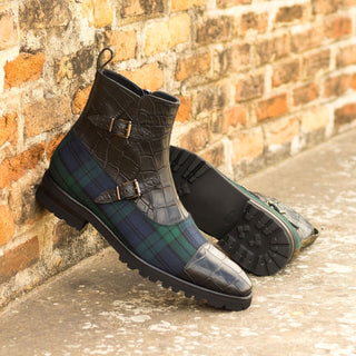 Ambrogio Bespoke Custom Men's Shoes Black, Blue & Green Fabric / Crocodile Print / Calf-Skin Leather Buckle Boots (AMB1992)-AmbrogioShoes
