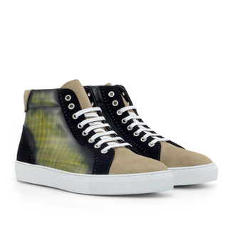 Ambrogio Bespoke Custom Men's Shoes Black, Camel & Khaki Suede / Patina Leather High-Top Sneakers (AMB2218)-AmbrogioShoes