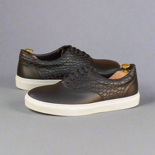 Ambrogio Bespoke Custom Men's Shoes Black Crocodile Print / Calf-Skin Leather Casual Sneakers (AMB1988)-AmbrogioShoes