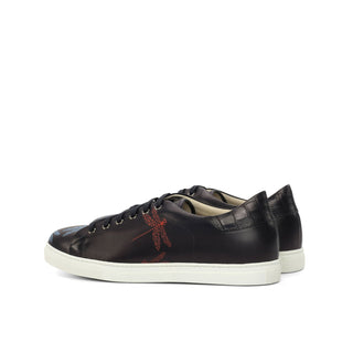 Ambrogio Bespoke Custom Men's Shoes Black Crocodile Print / Calf-Skin Leather Stencil Casual Sneakers (AMB1990)-AmbrogioShoes