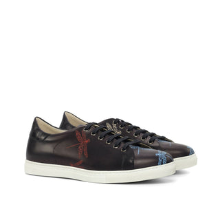 Ambrogio Bespoke Custom Men's Shoes Black Crocodile Print / Calf-Skin Leather Stencil Casual Sneakers (AMB1990)-AmbrogioShoes