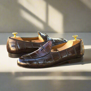 Ambrogio Bespoke Custom Men's Shoes Black & Darkbrown Exotic Alligator Belgian Loafers (AMB2220)-AmbrogioShoes