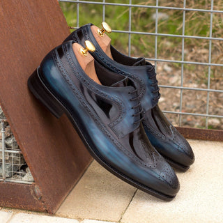 Ambrogio Bespoke Custom Men's Shoes Black & Denim Patent / Patina Leather Longwing Blucher Oxfords (AMB2124)-AmbrogioShoes