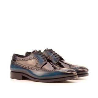 Ambrogio Bespoke Custom Men's Shoes Black & Denim Patent / Patina Leather Longwing Blucher Oxfords (AMB2124)-AmbrogioShoes