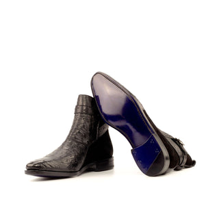 Ambrogio Bespoke Custom Men's Shoes Black Exotic Ostrich Skin / Suede Leather Jodhpur Boots (AMB2170)-AmbrogioShoes