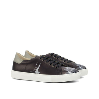 Ambrogio Bespoke Custom Men's Shoes Black & Gray Calf-Skin Leather Stencil Trainer Sneakers (AMB2159)-AmbrogioShoes