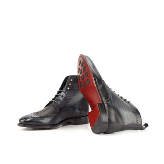 Ambrogio Bespoke Custom Men's Shoes Black & Gray Patina Leather Military Brogue Boots (AMB2216)-AmbrogioShoes