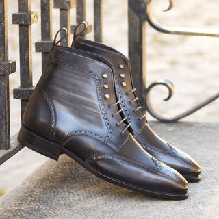 Ambrogio Bespoke Custom Men's Shoes Black & Gray Patina Leather Military Brogue Boots (AMB2216)-AmbrogioShoes