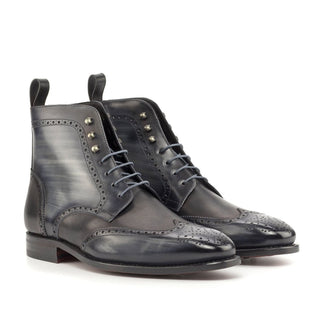 Ambrogio Bespoke Custom Men's Shoes Black & Gray Patina Leather Military Brogue Boots (AMB2216)-AmbrogioShoes