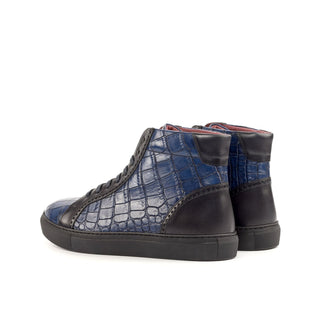 Ambrogio Bespoke Custom Men's Shoes Black & Navy Crocodile Print / Calf-Skin Leather High-Top Sneakers (AMB1961)-AmbrogioShoes