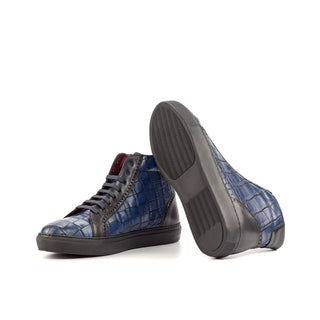 Ambrogio Bespoke Custom Men's Shoes Black & Navy Crocodile Print / Calf-Skin Leather High-Top Sneakers (AMB1961)-AmbrogioShoes