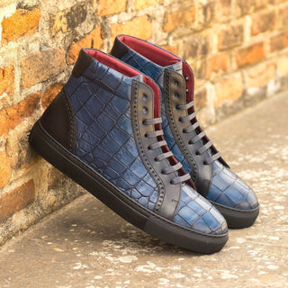 Ambrogio Bespoke Custom Men's Shoes Black & Navy Crocodile Print / Calf-Skin Leather High-Top Sneakers (AMB1961)-AmbrogioShoes