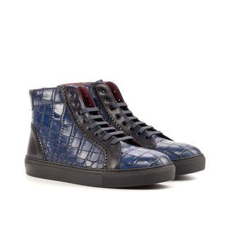 Ambrogio Bespoke Custom Men's Shoes Black & Navy Crocodile Print / Calf-Skin Leather High-Top Sneakers (AMB1961)-AmbrogioShoes