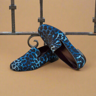 Ambrogio Bespoke Custom Men's Shoes Black & Navy Leopard Print / Calf-Skin Leather Wellington Loafers (AMB1962)-AmbrogioShoes