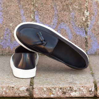 Ambrogio Bespoke Custom Men's Shoes Black & Navy Polished/ Calf-Skin Leather Slip-on Sneakers (AMB2005)-AmbrogioShoes