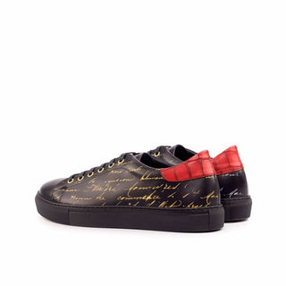 Ambrogio 4647 Bespoke Custom Men's Custom Made Shoes Black & Red Crocodile Print / Calf-Skin Leather Sneakers (AMB1865)-AmbrogioShoes