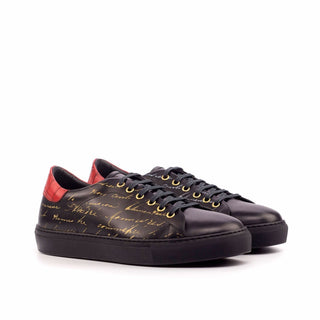 Ambrogio 4647 Bespoke Custom Men's Custom Made Shoes Black & Red Crocodile Print / Calf-Skin Leather Sneakers (AMB1865)-AmbrogioShoes