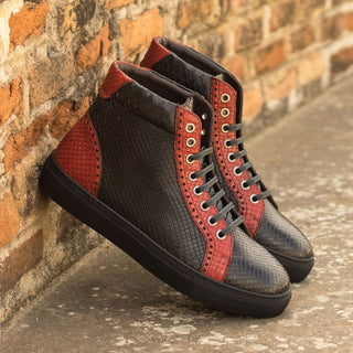 Ambrogio Bespoke Custom Men's Shoes Black & Red Exotic Snake-Skin High-Top Sneakers (AMB1991)-AmbrogioShoes