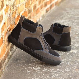 Ambrogio Bespoke Custom Men's Shoes Black & Suede Suede Leather High-Top Sneakers (AMB1959)-AmbrogioShoes