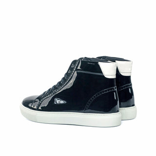 Ambrogio Bespoke Custom Men's Shoes Black & White Patent Leather High-Top Sneakers (AMB1943)-AmbrogioShoes