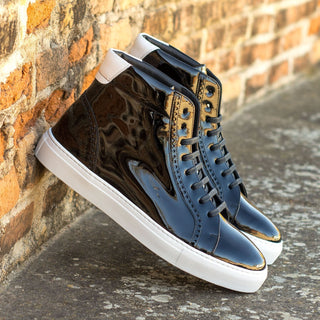 Ambrogio Bespoke Custom Men's Shoes Black & White Patent Leather High-Top Sneakers (AMB1943)-AmbrogioShoes