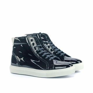 Ambrogio Bespoke Custom Men's Shoes Black & White Patent Leather High-Top Sneakers (AMB1943)-AmbrogioShoes