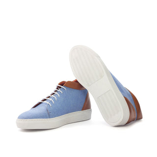 Ambrogio Bespoke Custom Men's Shoes Blue & Cognac Linen / Calf-Skin Leather High-Top Sneakers (AMB2134)-AmbrogioShoes