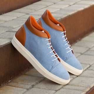 Ambrogio Bespoke Custom Men's Shoes Blue & Cognac Linen / Calf-Skin Leather High-Top Sneakers (AMB2134)-AmbrogioShoes