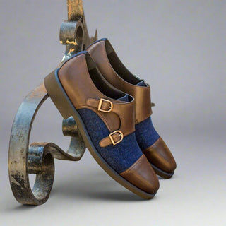 Ambrogio 2995 Bespoke Custom Men's Shoes Blue Jeans & Brown Fabric / Calf-Skin Leather Oxfords (AMB1894)-AmbrogioShoes