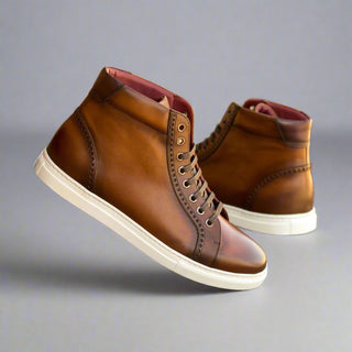 Ambrogio 4643 Bespoke Custom Men's Custom Made Shoes Brown & Burgundy Calf-Skin Leather High-Top Sneakers (AMB1861)-AmbrogioShoes