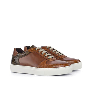 Ambrogio 4392 Bespoke Custom Men's Custom Made Shoes Brown, Cognac & Olive Exotic Snake-Skin / Calf-Skin Leather Casual Sneakers (AMB1873)-AmbrogioShoes