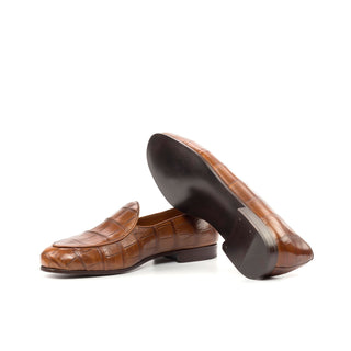 Ambrogio Bespoke Custom Men's Shoes Brown Exotic Alligator Belgian Loafers (AMB2189)-AmbrogioShoes