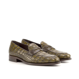 Ambrogio Bespoke Custom Men's Shoes Brown & Olive Python / Crocodile Print / Calf-Skin Leather Loafers (AMB2210)-AmbrogioShoes