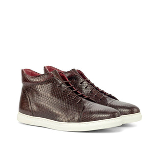 Ambrogio Bespoke Custom Men's Shoes Burgundy & Dark Brown Exotic Snake-Skin High-Top Sneakers (AMB1934)-AmbrogioShoes