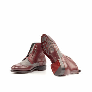 Ambrogio Bespoke Custom Men's Shoes Burgundy & Gray Flannel / Calf-Skin Leather Military Boots (AMB2183)-AmbrogioShoes