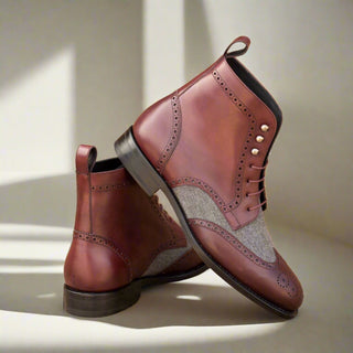 Ambrogio Bespoke Custom Men's Shoes Burgundy & Gray Flannel / Calf-Skin Leather Military Boots (AMB2183)-AmbrogioShoes