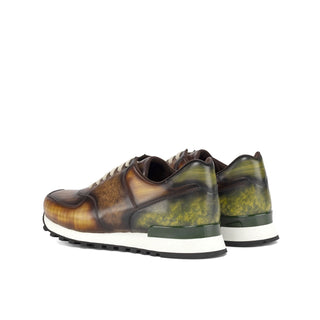 Ambrogio Bespoke Custom Men's Shoes Cognac, Brown & Khaki Patina Leather Jogger Sneakers (AMB2188)-AmbrogioShoes