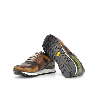 Ambrogio Bespoke Custom Men's Shoes Cognac, Brown & Khaki Patina Leather Jogger Sneakers (AMB2188)-AmbrogioShoes