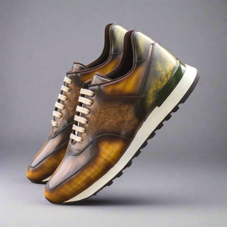 Ambrogio Bespoke Custom Men's Shoes Cognac, Brown & Khaki Patina Leather Jogger Sneakers (AMB2188)-AmbrogioShoes