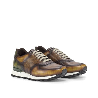 Ambrogio Bespoke Custom Men's Shoes Cognac, Brown & Khaki Patina Leather Jogger Sneakers (AMB2188)-AmbrogioShoes