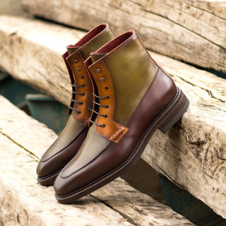 Ambrogio Bespoke Custom Men's Shoes Cognac, Burgundy & Olive Calf-Skin Leather Moccasin Boots (AMB1950)-AmbrogioShoes