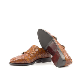 Ambrogio Bespoke Custom Men's Shoes Cognac Crocodile Print / Calf-Skin Leather Monk-Straps Loafers (AMB2195)-AmbrogioShoes