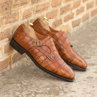 Ambrogio Bespoke Custom Men's Shoes Cognac Crocodile Print / Calf-Skin Leather Monk-Straps Loafers (AMB2195)-AmbrogioShoes