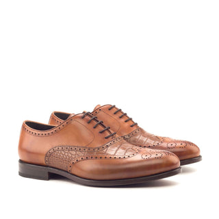 Ambrogio Bespoke Custom Men's Shoes Cognac & Dark Brown Crocodile Print / Calf-Skin Leather Wingtip Oxfords (AMB1929)-AmbrogioShoes