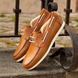 Ambrogio Bespoke Custom Men's Shoes Cognac Full Grain Leather Boat Loafers (AMB2175)-AmbrogioShoes