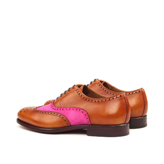 Ambrogio Bespoke Custom Men's Shoes Cognac & Fuschia Suede / Calf-Skin Leather Full Brogue Oxfords (AMB2152)-AmbrogioShoes