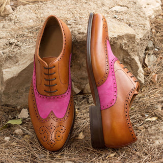 Ambrogio Bespoke Custom Men's Shoes Cognac & Fuschia Suede / Calf-Skin Leather Full Brogue Oxfords (AMB2152)-AmbrogioShoes