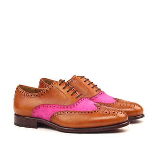 Ambrogio Bespoke Custom Men's Shoes Cognac & Fuschia Suede / Calf-Skin Leather Full Brogue Oxfords (AMB2152)-AmbrogioShoes