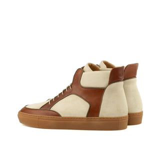 Ambrogio Bespoke Custom Men's Shoes Cognac & Ivory Suede / Calf-Skin Leather High-Top Sneakers (AMB2143)-AmbrogioShoes